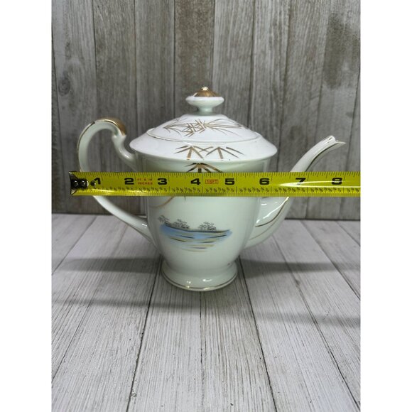 Vintage Kutani Ware Teapot 7" Tall & Plate 7" DIA Bamboo Village Golden Design - Picture 5 of 14